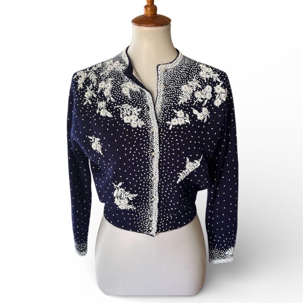 Gene Shellys Boutique Internationale 1950s Beaded  Blue Cardigan Sweater